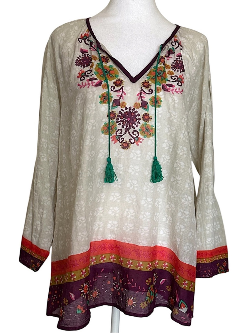 Natural Life Women’s Tunic Top Floral Tassel Long Sleeve Lightweight Boho Large